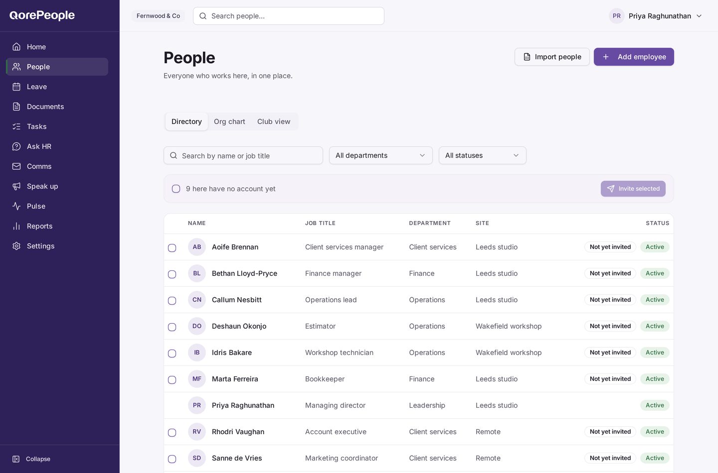 The QorePeople people directory for a demonstration organisation