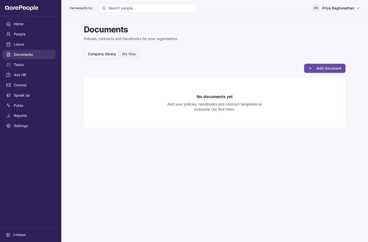 The QorePeople document library for a demonstration organisation