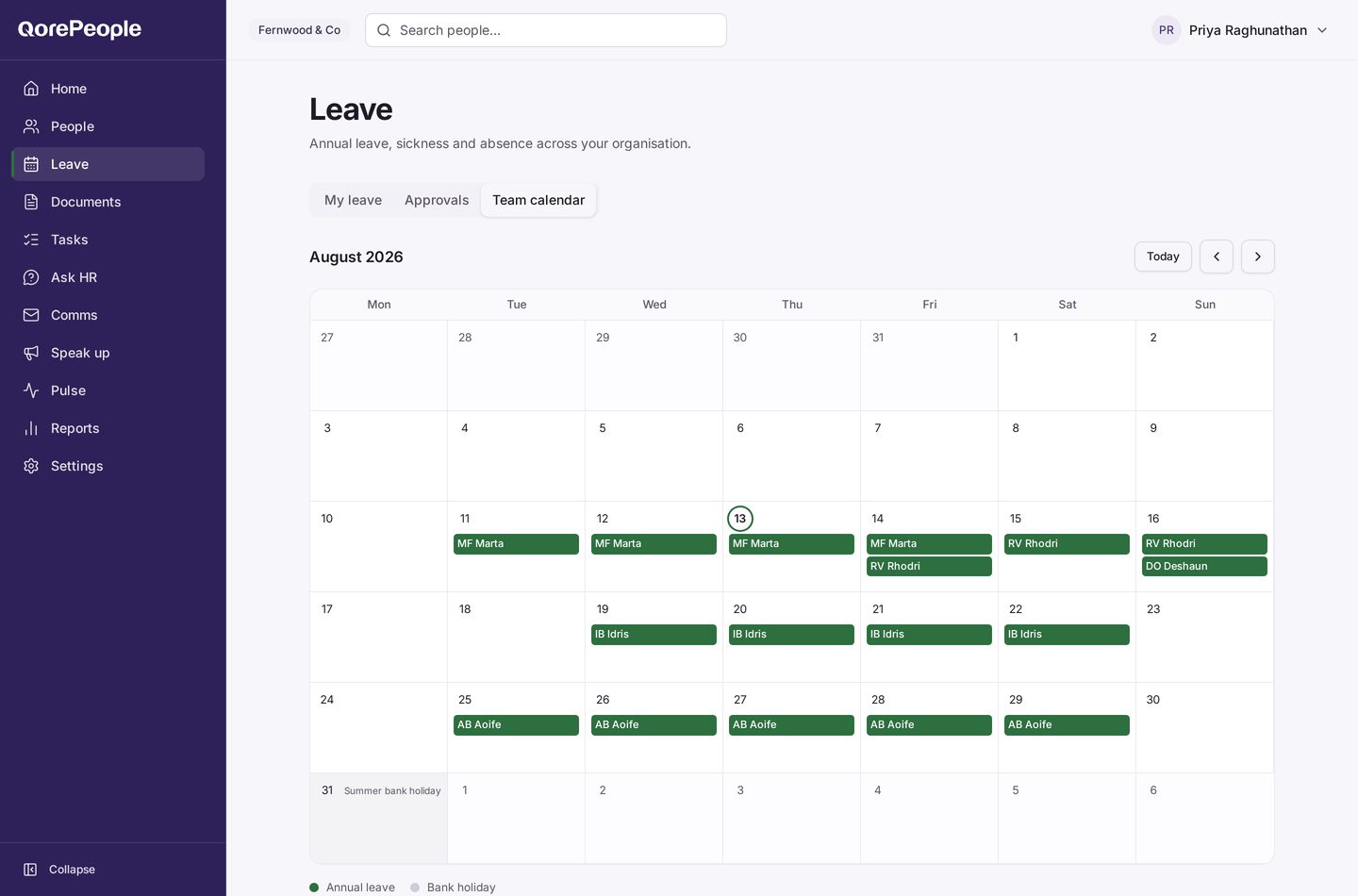 The QorePeople team leave calendar showing approved absence and a bank holiday